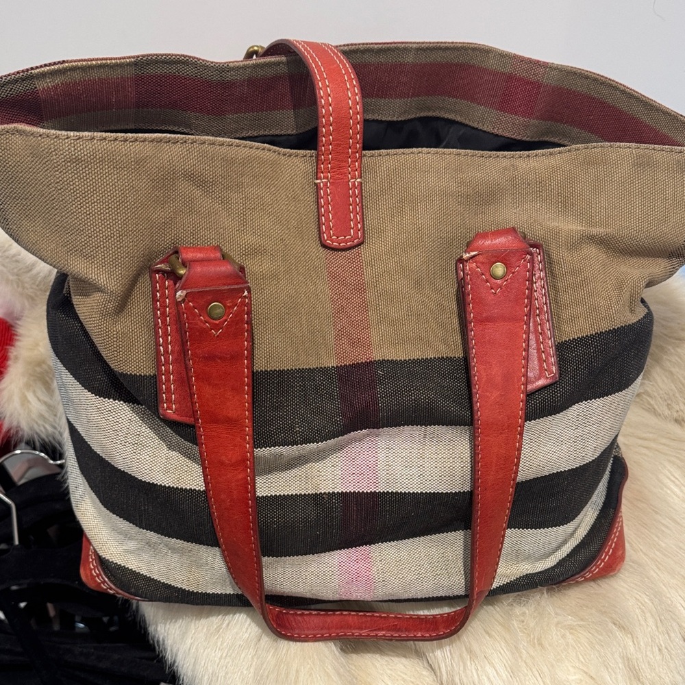 Burberry Canvas diaper bag with Black, Cream & Red Trim